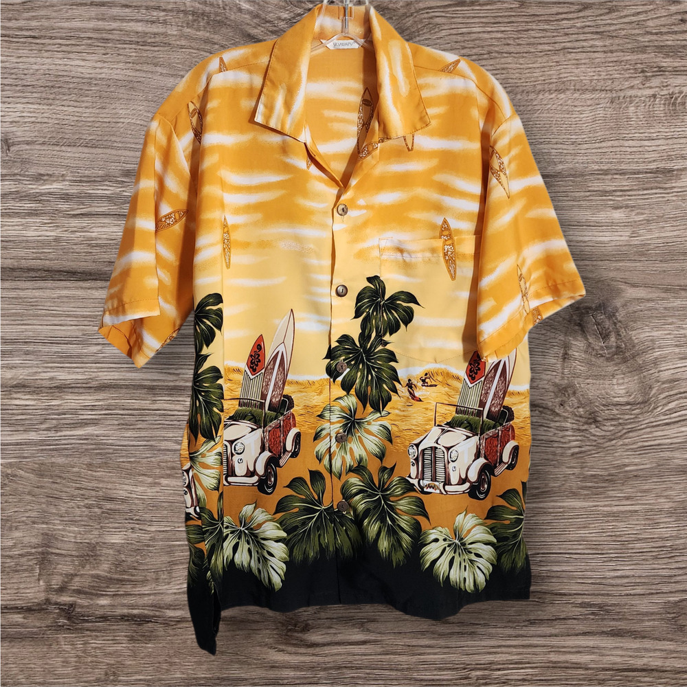 Vintage Uluwatu woody coupe surfboard print short sleeve Hawaiian shirt‎ men's L